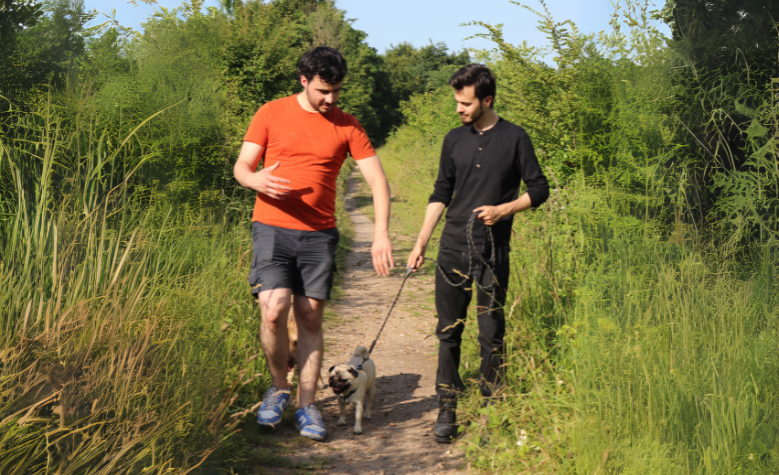 Séance d'éducation canine en promenade avec un éducateur canin spécialisé et un client, apprenant la marche en laisse avec un carlin – méthode positive en pleine nature pour renforcer la relation humain-chien.